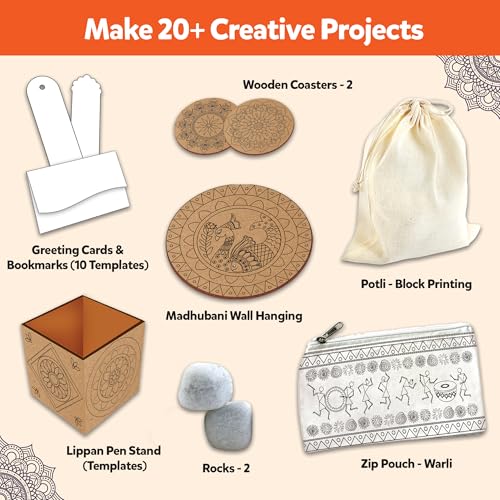 Image of Little Berry Indian Art Forms Kits | Paper, Wood Ultimate 6 in 1 DIY Art & Craft Kit for Kids | Create 20+ Projects | Learn Lippan, Warli, Block Printing, Mandala & Madhubani Painting Kit | DIY Toys