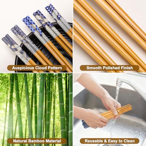 Image of Antner 5 Pairs Bamboo Chopsticks Reusable Chopstick Exquisite Japanese Style Chop Sticks with Black Box for Sushi, Ramen, Hot Pot and Asian Dining, 8.8 Inch /22.5cm Gift Set
