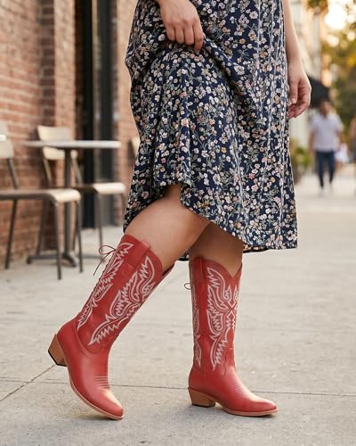 Image of Uillnoodu Wide Calf Cowboy Boots Women Adjustable Lace Up Knee High Tall Plus Size Cowgirl Boots Western Style Comfortable 2-Inch Heel