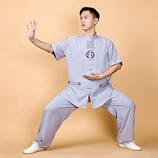 CELECH Men's Tai Chi Uniform,Short Sleeve Embroidery Zen Meditation Suit Tai Chi Uniform - For Tai Chi Training,Gray-S