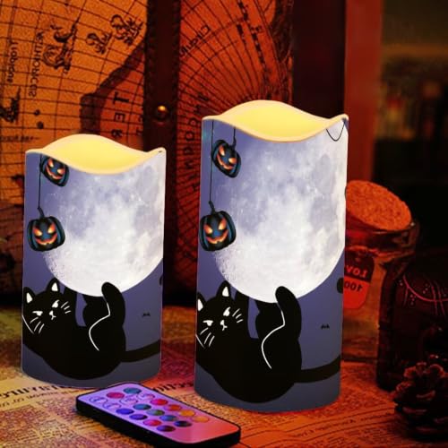 Image of Black Cat Electric Flameless Candles with Remote Control | Halloween Flameless Candle Set with Timer, Battery Operated Fake Candles for Living Room Table Centerpieces