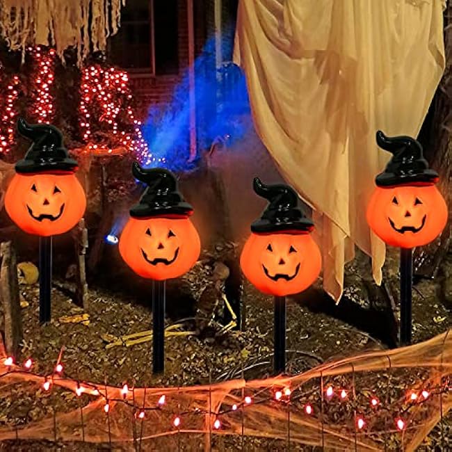 Halloween Decorations Outdoor C7 Halloween Pumpkin Pathway Stake Lights, 7Ft Jack-o-Lantern Garden Stakes with 4 C7 LED Bulbs, Pathway String Lights for Outdoor Garden Walkway Party Lighting