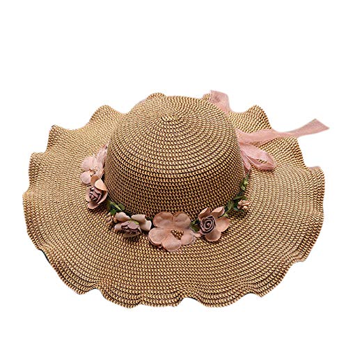 EliffeteWomens Wide Brim Straw Sun Hat Fedora Floppy Flower UV Beach Hat UPF50+