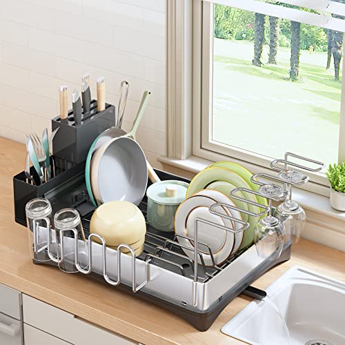 Dish Drying Rack, Stainless Steel Large Dish Rack, Rustproof Dish Racks For Kitchen Counter With Drainboard, Compact Dish Drainers With Utensil Holder, Drying Rack For Dishes, Knives, Spoons, And Fork #TOP25