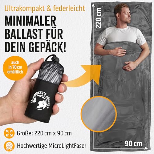 Backpacker's Journey Hüttenschlafsack (nur 168g), ultraleichter und platzsparender Reiseschlafsack aus Polyester. Ideal für Backpacking, Hostels und Hütten (90 cm, grau)
