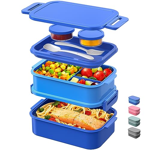 Image of DaCool Bento Box Adults Lunch Container - 74 OZ Stackable Leakproof Bento Lunch Box for Adults Men Boys Teens Large Lunch Box Containers with Fork Spoon Sauce Boxes for Work School Dining Out, Blue