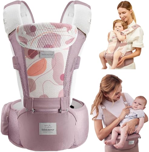 Image of Bebamour Baby Carrier Newborn to Toddler-2 in 1 Hip Seat & Carrier Front and Back Carry with Head Hood & 3 Pieces Teething Pads& Waist Extenders & Storage Bag 0-36 Months (Pink)