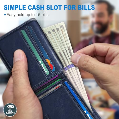Image of miyozi AirTag Wallet for Men, Slim Leather Bifold with Holder Slot, 2 ID Windows & 13 Card Slots, RFID Blocking Front Pocket Wallet with Gift Box