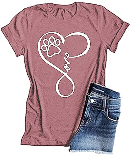 FLOYU Dog Mom Tshirts for Women Funny Dog Paw Graphic Tee Dog Mom Life Tops Casual Dog Lover Gift Short Sleeve Shirt Pink
