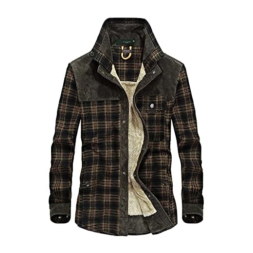 YOCIA Herr Lumberjack Plus fleece mönstrad skjorta rutig revers väska bomull vadderad lös kappa jacka skjorta höst och vinter jacka skjorta skjorta, Armégrön, S