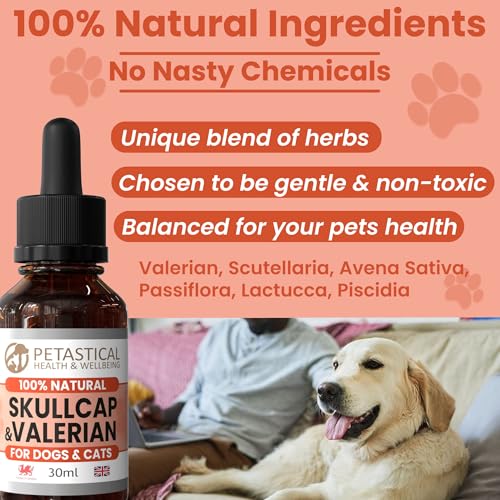 Petastical Skullcap Baldrian, Katzen- und Hundeberuhigung, Angstberuhigungstropfen, Alleine zu Hause, Bellen, laute Geräusche, Feuerwerk, Reisen (30ml)