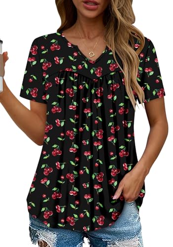 KISSMODA Tops for Womens Summer Cute Short Sleeve Shirts Trendy Notched Neck Blouses Casual Loose Pleated Tunics S-3Xl