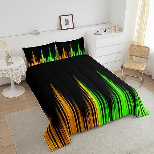 Image of Ombre Comforter Set Queen Size, Abstract Striped Duvet Set for Kids Toddler, Green Yellow and Black Microfiber Bed Set, Room Decor