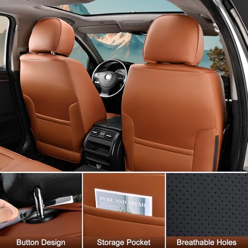 Image of TIEHESYT Leather Car Seat Covers Full Set with Lumbar Support, Waterproof Car Seat Cover, Universal Seat Covers for Cars, Trucks, SUVs, Sedans, Pickups, Airbag Compatible, Front Pair, Brown&Black