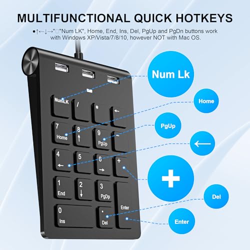 Suejezt Numeric Keypad Wired Numpad, USB A/USB C Ziffernblock Ergonomischer Mini Nummernblock mit 3 USB 2.0 Ports, 18 Tasten, Office Rechennummernblöcke für Laptop, Notebook, Desktop, Computer, PC