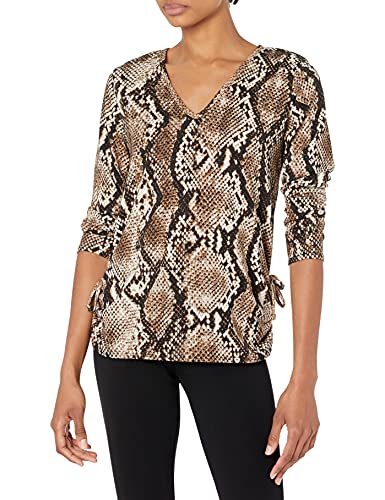 Star Vixen Women s Plus Size Long Sleeve V Neck Top with Ruched Side Detail, Taupe Snake, 3X