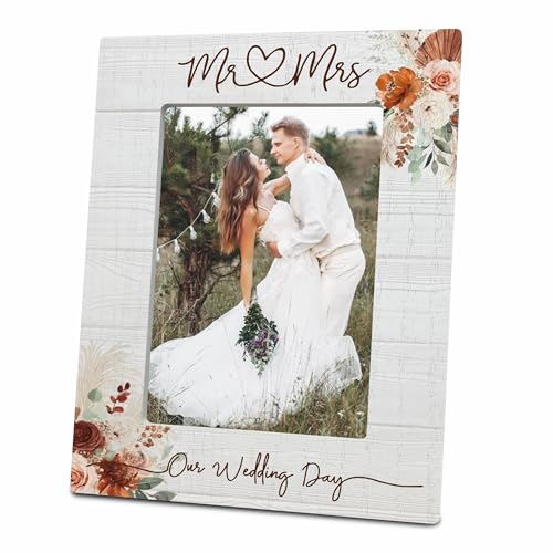 WeMaison Floral Wedding Picture Frame For 4 x 6 Photos - Our Wedding Day Wooden Photo Frame - Engagement Gifts For Couples Newlyweds -Wedding room decoration Home Decor (Vertical)- C06