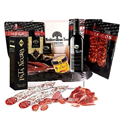 Caja Cesta Gourmet Regalo - Lote embutidos Ibericos salchichón y chorizo y Jamon + Estuche Vino Tinto Pata Negra Reserva + 3 piezas de Fuets + Pate Picante Pata Negra + Picos Artesanos