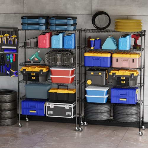 Image of BestOffice | 6-Tier Wire Storage Shelves with Wheels | 48x18x77 | Black | Adjustable Racks | Heavy-Duty Metal Shelf, Holds Upto 600 lbs | No-Tool Assembly | Ideal for Home & Garage Shelving