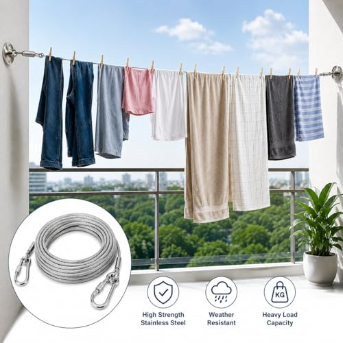 Image of Heavy Duty Clothes Drying Rope with Hooks, Stainless Steel Wire Clothesline for Balcony, Bathroom & Outdoor Use (10 Meter)