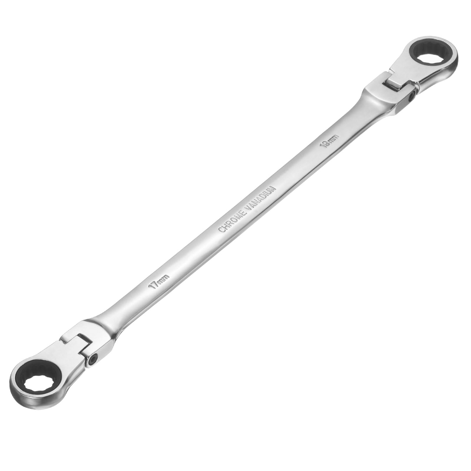 sourcing map Double Box End Wrench Extra Long Flex Head Metric 17 x 19mm 72-Tooth 12-Point Ratcheting Double Box End Wrench 180 Degree Flex Head CR-V Steel for Garage Repair DIY, Silver