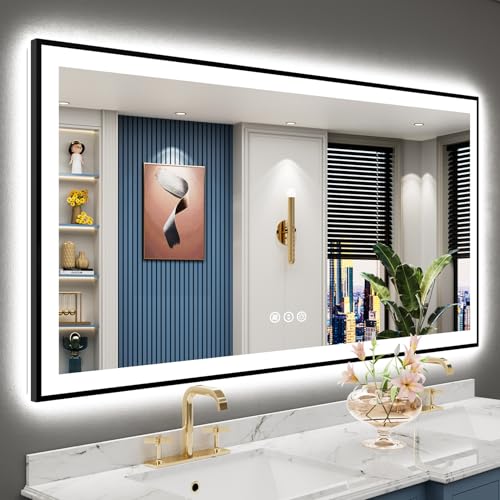 Image of 60x30 Black Framed LED Bathroom Mirror with Lights, Backlit and Front Lit Anti-Fog Lighted Vanity Mirror for Bathroom Wall, Dimmable, 3 Colors, Memory, Shatter-Proof, HD Tempered Glass, CRI 95