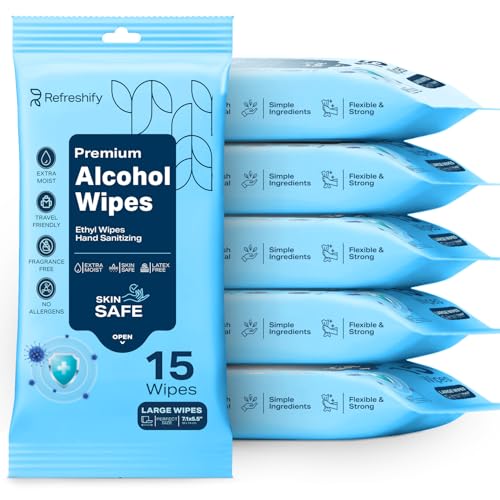 90 Large Alcohol Wipes - 75% Ethyl Alcohol Hand Wipes - 6 Packs of 15 - Fragrance Free Skin Safe Latex Free for Travel Nails