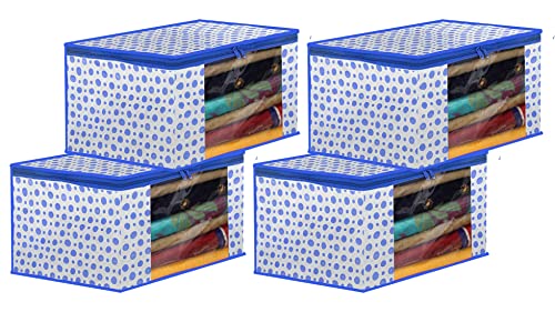 Image of Kuber Industries Dot Printed Foldable, Lightweight Non-Woven Saree Cover /Organizer With Tranasparent Window- Pack of 4 (Blue)-46KM0495