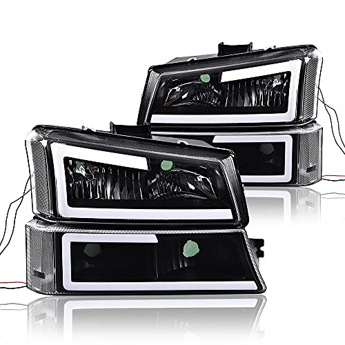 CNNELL LED DRL Headlights Compatible with 2003-2006 Chevy Avalanche Silverado 1500 2500 3500&HD Driver and Passenger Side, Smoky Lens Black Housing Amber Reflector