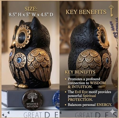 Image of Evil Eye 4 Inch Owl Statue for Good Luck l Feng Shui & Vastu II Evil Eye II Showpiece for Home Decor (Black, 4 inch)