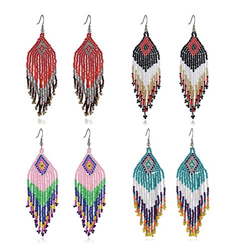 Weicam Women Jewellery 4 Pair Multicolor Nation Bohemian Style Tassel Earrings Handmade Beaded Jewelry