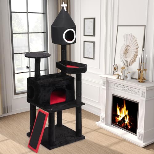 Árbol para gato gótico 64'' negro y rojo con cama ataúd miniatura 1