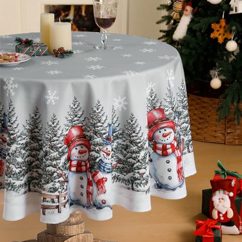 Softalker Manteles Navidad Redondo 160 cm Gris Mantel navideño Antimanchas con un muñeco de Nieve Tradicional Copos de Nieve y un árbol de Navidad Ideal para cumpleaños,Exterior,jardín,Nochevieja
