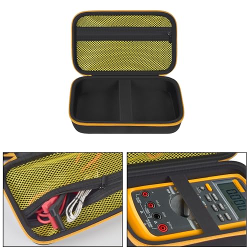Image of Comecase Hard Case for Fluke 87V /88V /15B+ /17B+ and More Digital Multimeter | Hard Shell, Mesh Pocket & Elastic Strap, Stores Meter and Leads for Jobsite and Workshop, Black with Yellow Pocket, Case Only