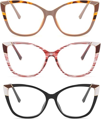 ICARA Paquete de 3 lentes de lectura de ojo de gato, bloqueo de luz azul, para mujeres y hombres, lentes de computadora anti UV