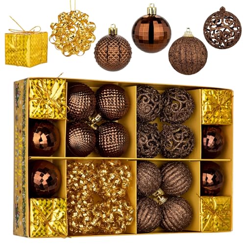 Christmas Ball Tree Ornaments Set 24ct Brown and Gold Shatterproof Christmas Ornaments Tree Decorations 1.9 Inch Decorative Chocolate Hanging Ornament Bulk for Xmas Holiday Party Decor