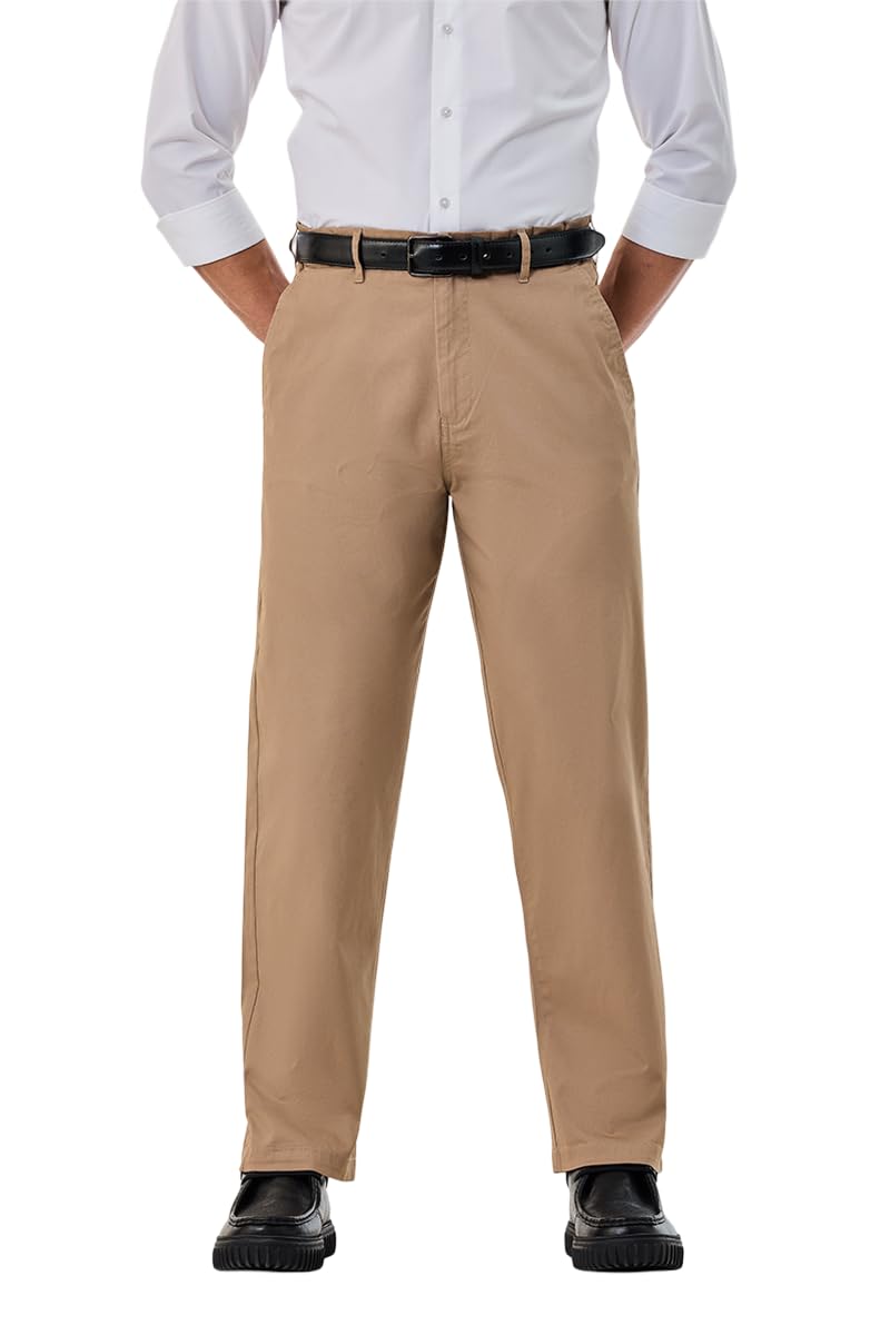 SNITCH Men Casual Trousers | Straight Fit Solid Pattern Plain Front Style | Comfortable Stretch Cotton Blend Fabric for All Day & All Seasons Wear in neutral