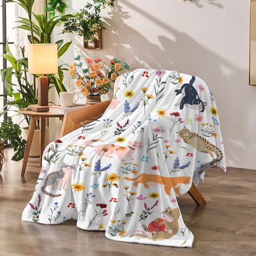 Jameswish Floral Throw Blanket Birthday Gift for Women Mom Girls Kids Cat Lover Cat Flower Blanket Summer Wildflower Flannel Blanket Watercolor Printed Throw for Couch Sofa Bed Chair 50x60