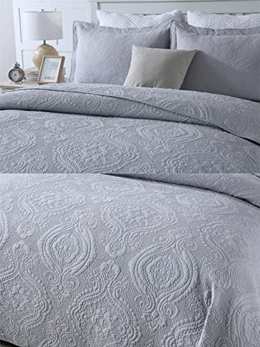 Brandream Luxury Grey Quilted Bedding Set Queen Size 100% Cotton Damask Embroidered Quilt Coverlet Set 3 Piece #TOP2