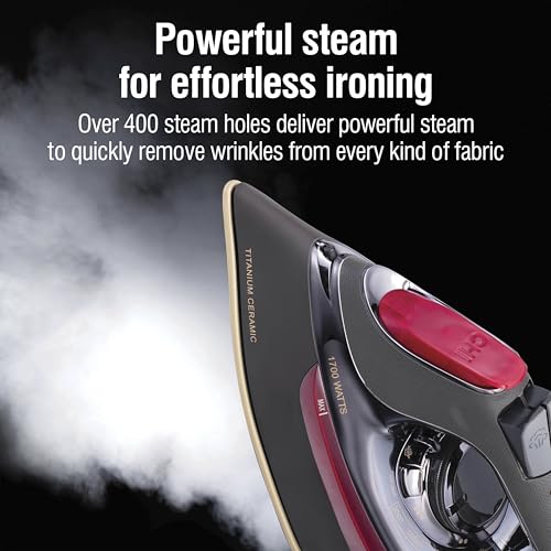 Image of CHI Steam Iron for Clothes with 8' Retractable Cord, 1700 Watts, 3-Way Auto Shutoff, 400+ Holes, Professional Grade, Temperature Control Dial, Titanium Infused Ceramic Soleplate, Black /Chrome (13109N)