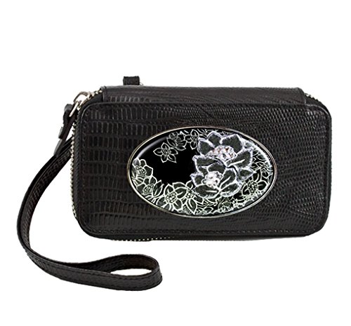 Swinglet Cell Phone Case- Silver Hardware- Black Croc Emboss- Gem Flower