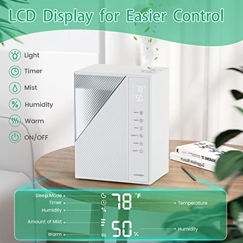 Elecameier Ultrasonic Humidifiers For Bedroom,5.0L Cool And Warm Mist With Remote Control,Essential Oil Tray,Automatic Humidity Control,Lcd Display,Auto Shut-Off,And 30Db Quiet Operation,White #TOP5