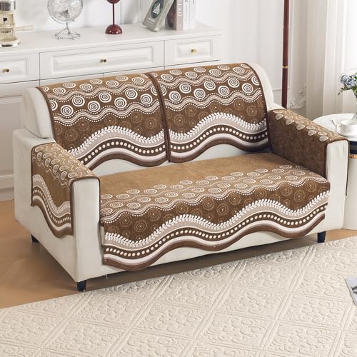 Image of HOKIPO Complete (Seat+Back+Arm) Sofa Mat Set for 2 Seater Sofa |Premium Chenille Sofa Covers with Curve Edges, 'Serene Curves Series' - Flowy Swirl (IN-995+1002+1001 * 2 - D1)