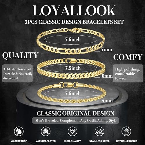 LOYALLOOK 3Pcs Chain Bracelets for Men, 316L Stainless Steel Figaro Rope Cuban Link Bracelet for Men Women 14K Gold/Silver, Gifts for Dad Husband 6.5/7/7.5/8.3/9 Inches2
