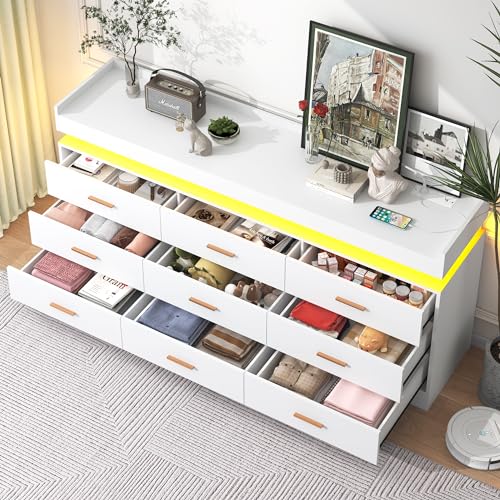 Image of jiteentarou 9 Drawer Dresser with Charging Station and LED Lights, Modern Chest of Drawers with Power Outlet, Organizer Cabinet for Bedroom, Living Room, Entryway, White