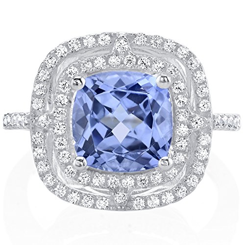 PEORA Simulated Tanzanite Ring for Women 925 Sterling Silver Double Halo, 3 Carats Cushion Cut 8mm, Comfort Fit, Sizes 5 to 92