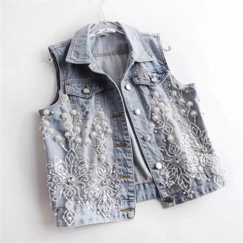 Generic Women Denim Vest Pearls Ripped Autumn Jeans Jacket Sleeveless Loose Short Coat Waistcoats Outwear Tops4