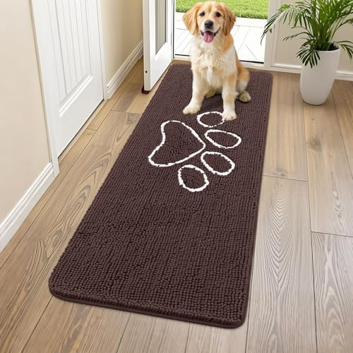 Image of Smiry Dog Door Mat for Muddy Paws, Absorbent Dirt Trapper Non Slip Quick Dry Washable Chenille Mat for Mud Dogs, Entry Rug for Indoor and Outdoor (59x20 Inches, Brown and White)