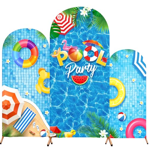 Tingjoo 3 Pcs Pool Party Arch Backdrop Stand Cover Spandex Fitted Hawaiian Theme Arch Cover 4ft, 5ft, 6ft Pool Photo Background Props for Summer Swimming Birthday Party Decoration