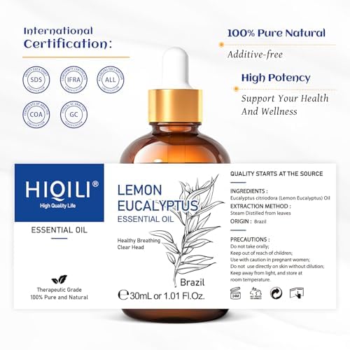 Image of HIQILI Lemon Eucalyptus Oil, for Spary, Diffuser, Indoors, Outdoors, Garden, Yard, 100% Pure Natural - 1.01 Fl Oz